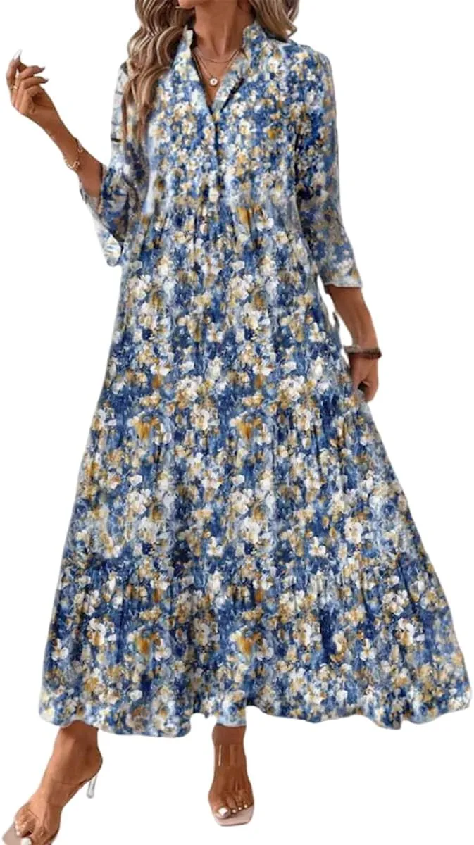 Women’s Dresses Breezy Floral Print Sundress V-Neck A-line Ruffle Sleeve Romantic Maxi Dress