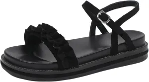 Women's Fashion Beach Sandals Round Head Pleated Lace Ankle Backless Platform Roman Camping Casual Sandals Summer
