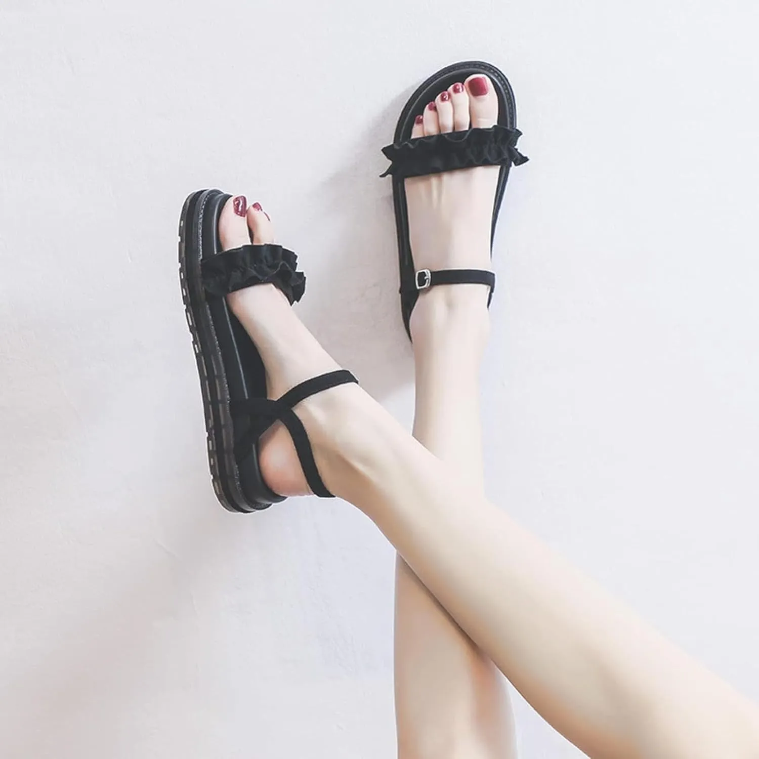 Women's Fashion Beach Sandals Round Head Pleated Lace Ankle Backless Platform Roman Camping Casual Sandals Summer