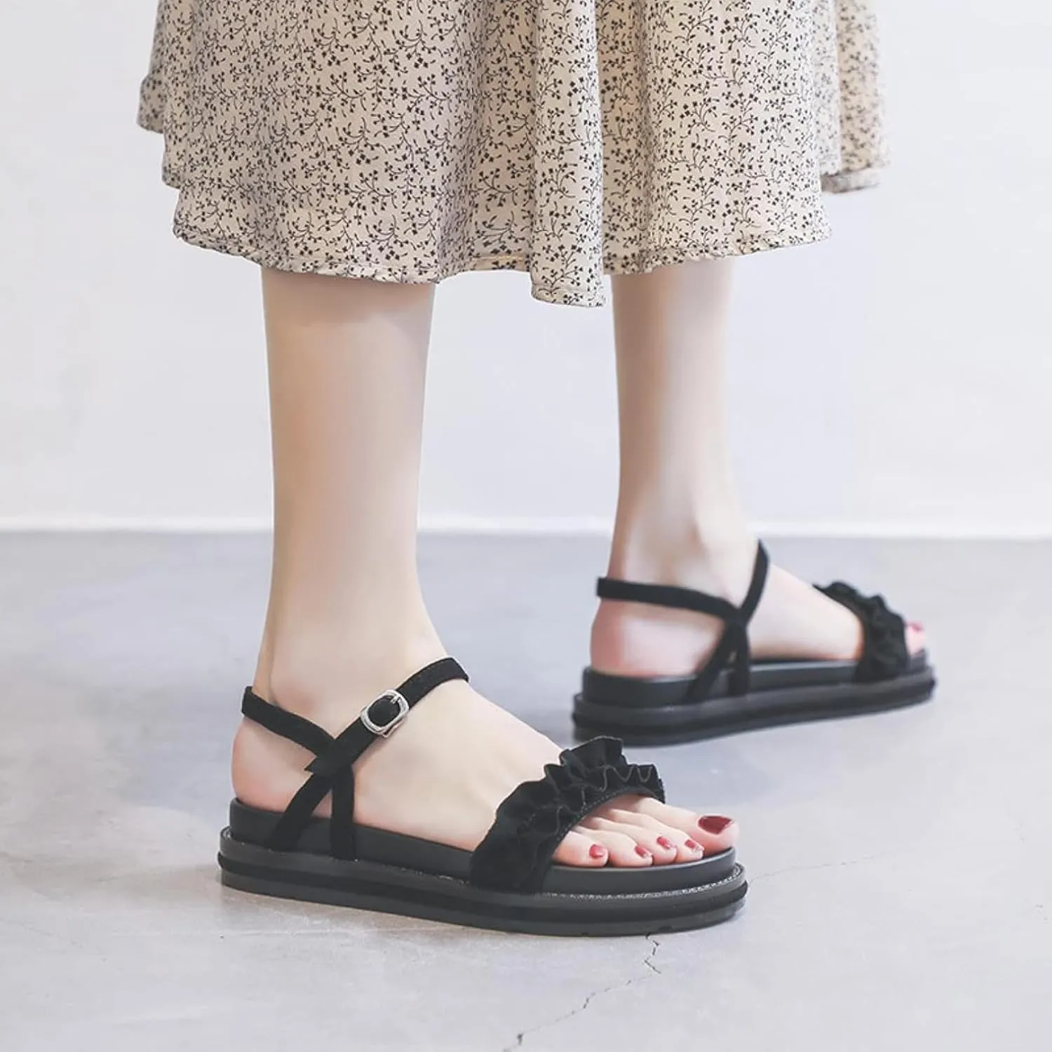 Women's Fashion Beach Sandals Round Head Pleated Lace Ankle Backless Platform Roman Camping Casual Sandals Summer