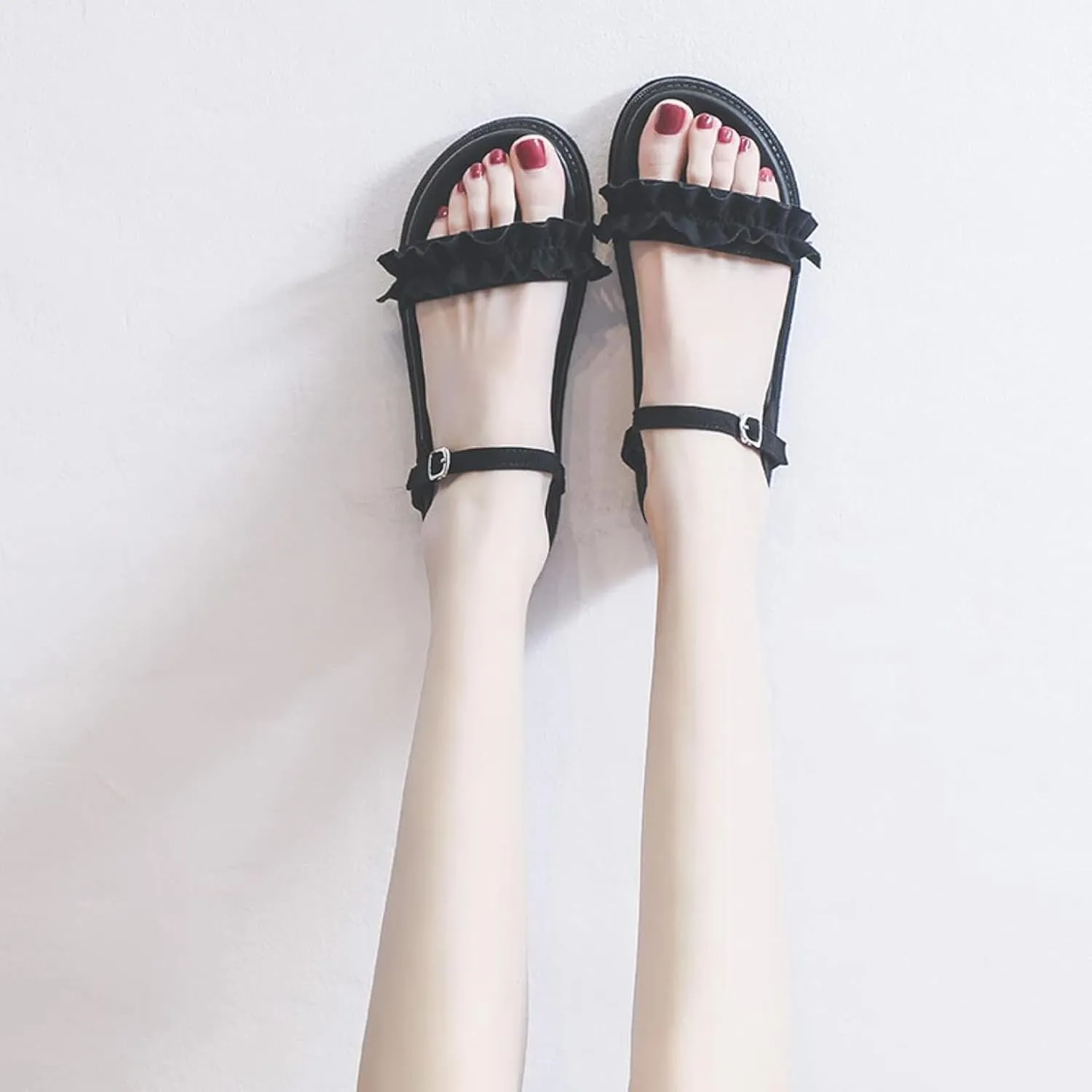 Women's Fashion Beach Sandals Round Head Pleated Lace Ankle Backless Platform Roman Camping Casual Sandals Summer