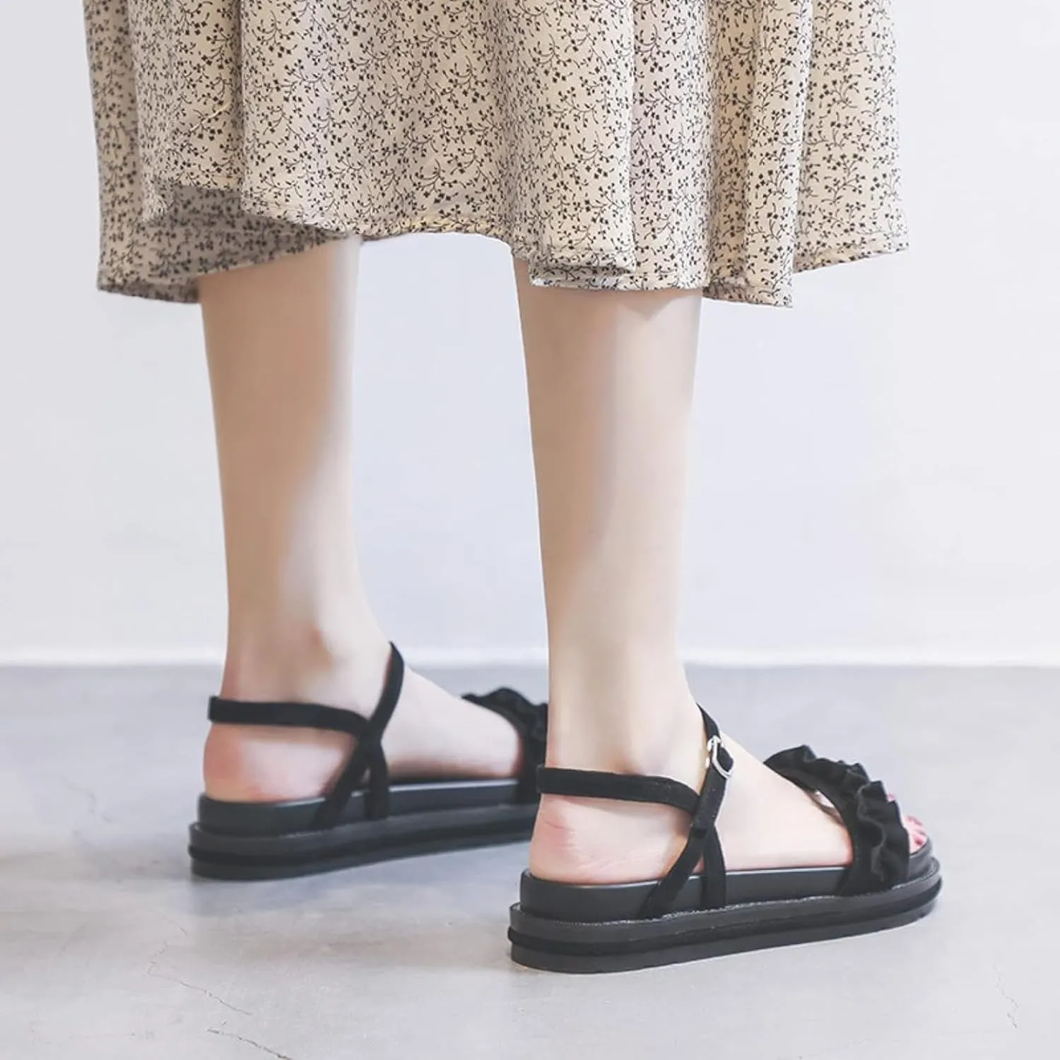 Women's Fashion Beach Sandals Round Head Pleated Lace Ankle Backless Platform Roman Camping Casual Sandals Summer