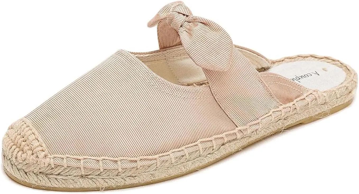 Women's Fashion Canvas Bow Espadrille Flat Mules Comfort Closed Round Toe Slip-On Backless Loafers Summer Casual Walking Slides