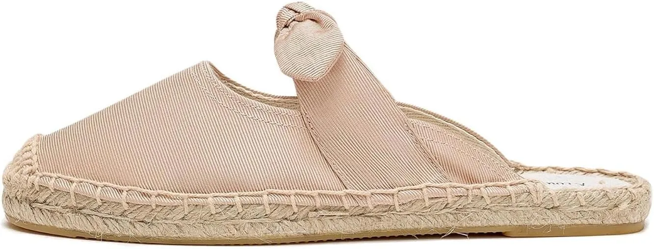 Women's Fashion Canvas Bow Espadrille Flat Mules Comfort Closed Round Toe Slip-On Backless Loafers Summer Casual Walking Slides