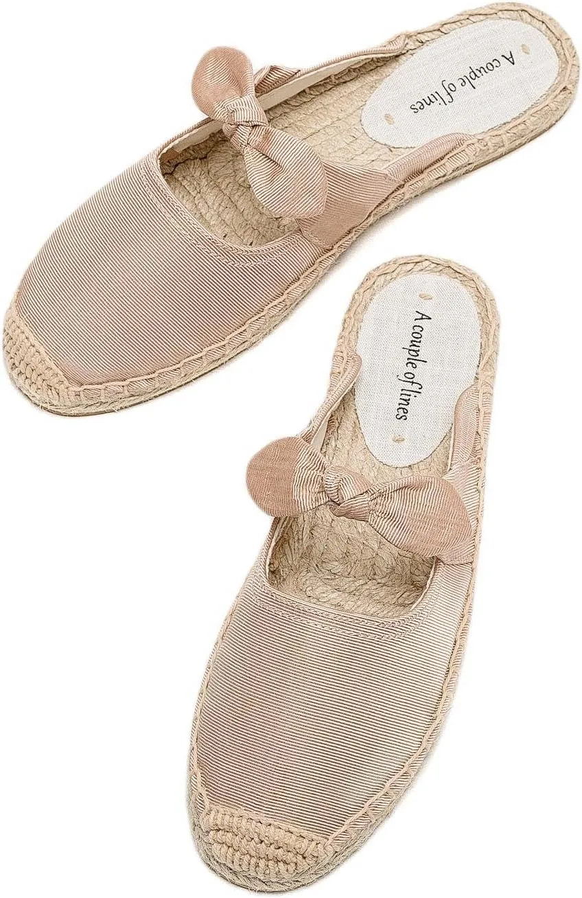 Women's Fashion Canvas Bow Espadrille Flat Mules Comfort Closed Round Toe Slip-On Backless Loafers Summer Casual Walking Slides