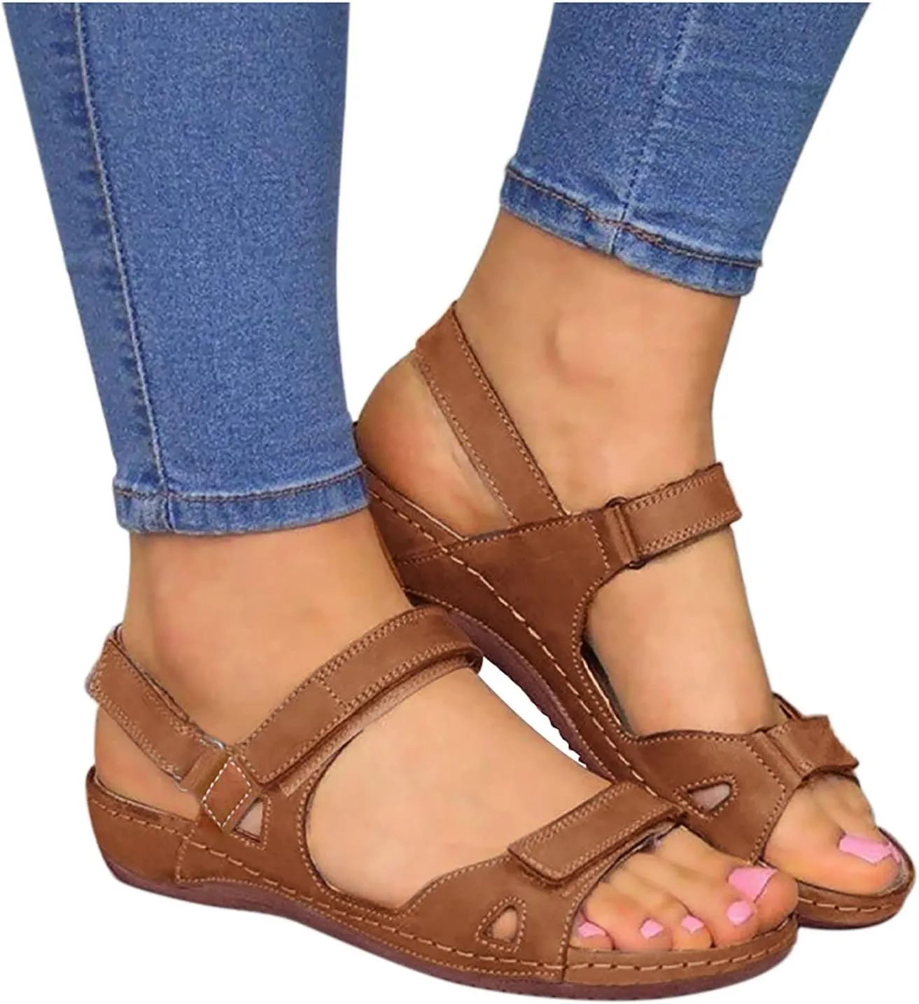 Women’s Flat Sandals Comfortable Open Toe Elastic Ankle Strap Slip on Comfy Low Wedge Sandals Slingback Walking Sandals