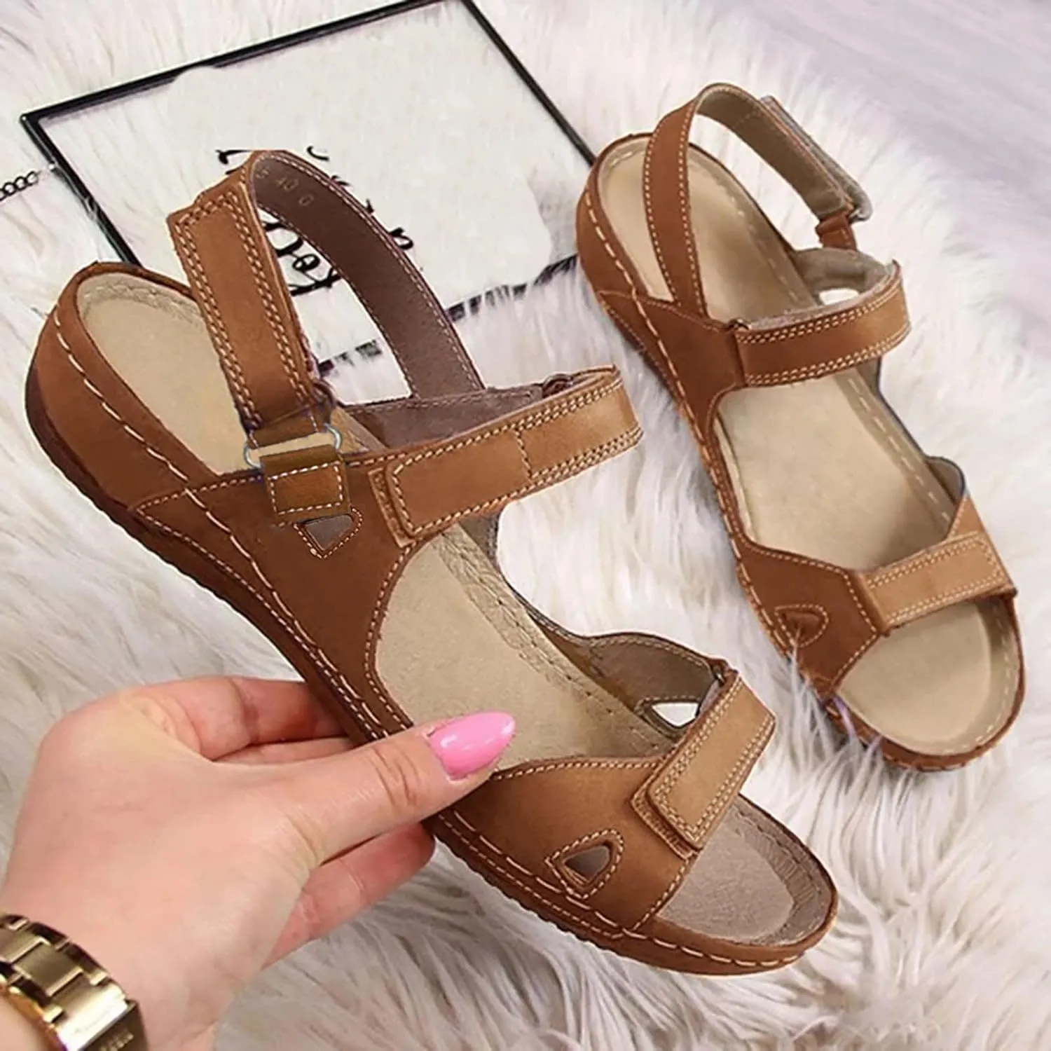 Women’s Flat Sandals Comfortable Open Toe Elastic Ankle Strap Slip on Comfy Low Wedge Sandals Slingback Walking Sandals