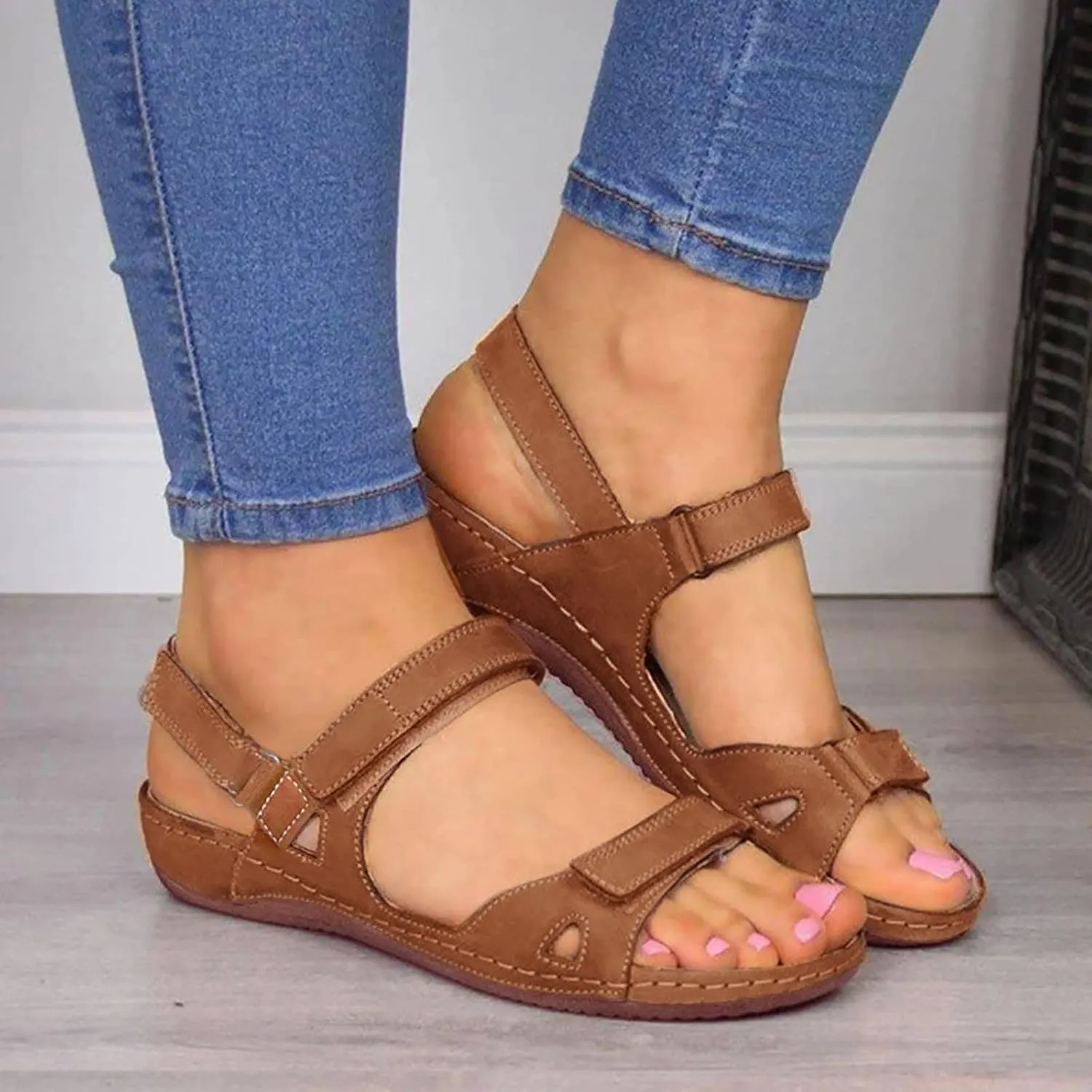 Women’s Flat Sandals Comfortable Open Toe Elastic Ankle Strap Slip on Comfy Low Wedge Sandals Slingback Walking Sandals