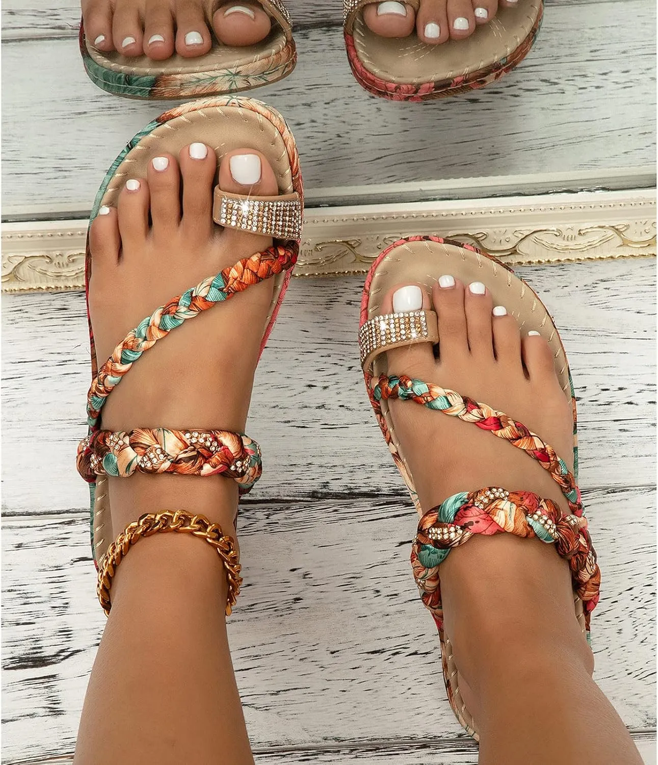 Women's Flat Sandals Summer Beach Bohemian Sandal Fashion Rhinestone Beaded Non Slip Boho Sandals Slides