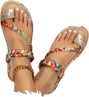 Women's Flat Sandals Summer Beach Bohemian Sandal Fashion Rhinestone Beaded Non Slip Boho Sandals Slides