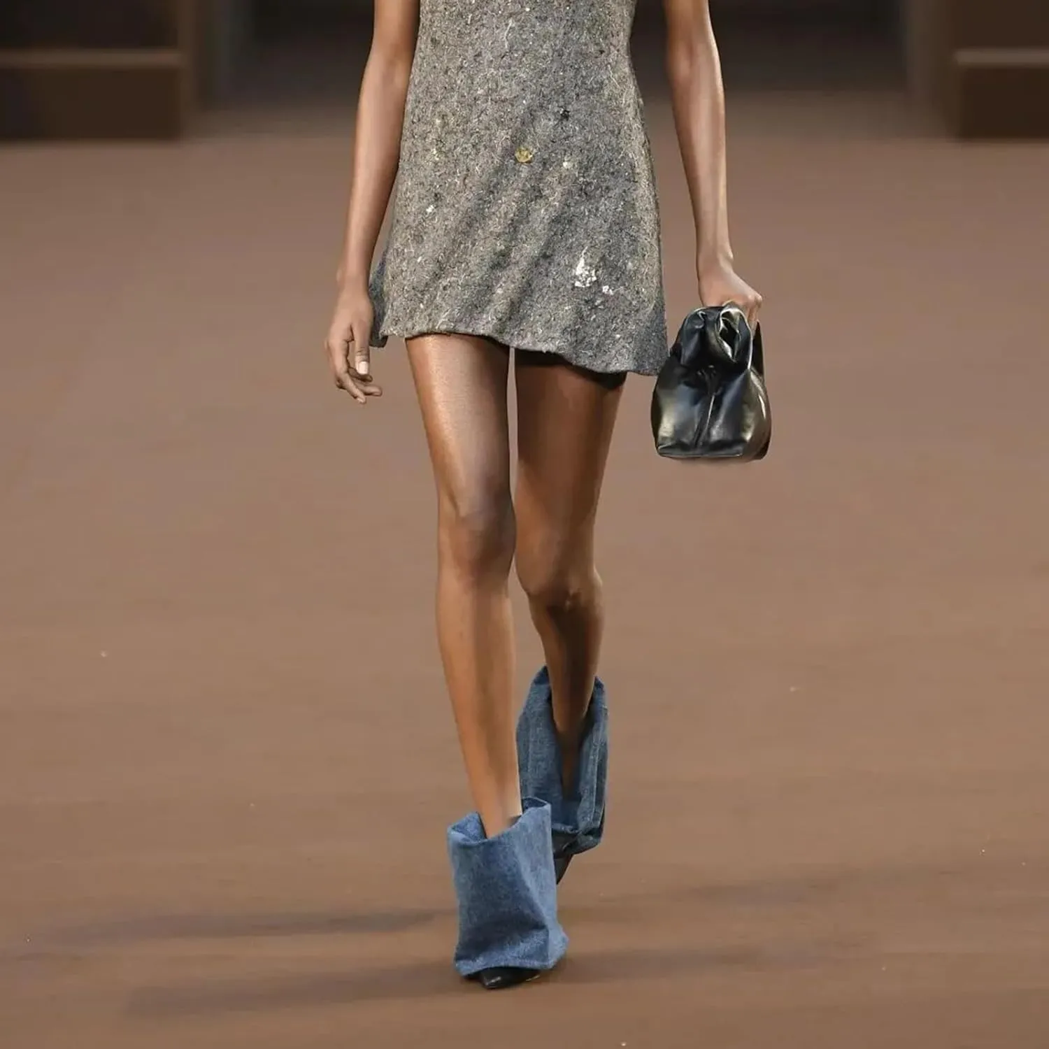 Women's Fold Over Denim Boots Pointed Toe Wide Calf Ankle Boots Pull On Fashion Dress High Heels Booties