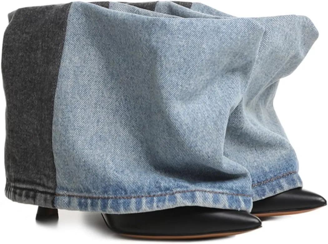 Women's Fold Over Denim Boots Pointed Toe Wide Calf Ankle Boots Pull On Fashion Dress High Heels Booties