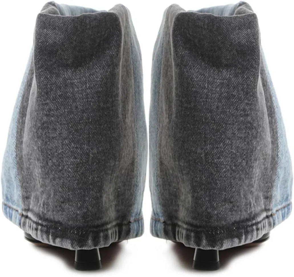 Women's Fold Over Denim Boots Pointed Toe Wide Calf Ankle Boots Pull On Fashion Dress High Heels Booties