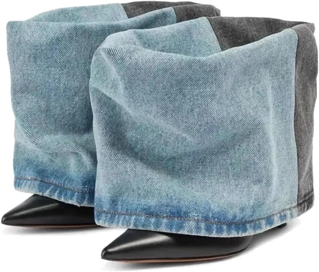 Women's Fold Over Denim Boots Pointed Toe Wide Calf Ankle Boots Pull On Fashion Dress High Heels Booties