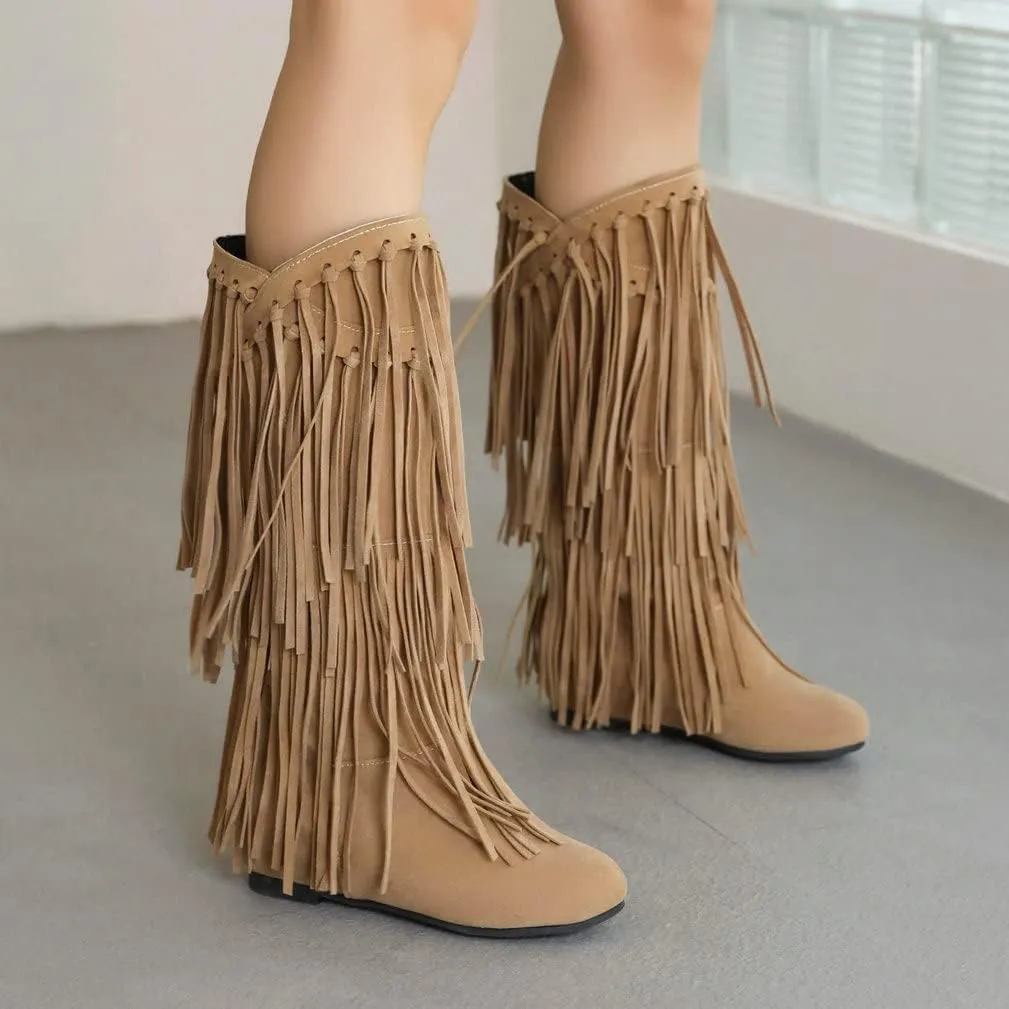 Womens Fringe Western Boots Fashion Hidden Heel Knee-high Boots Round Toe Platform Tassel Moccasin Boots