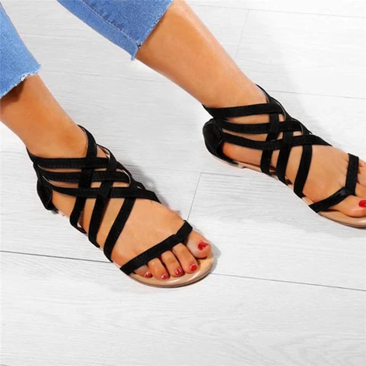 Women's Gladiator 2024 Flat Sandals Trendy Solid Color Beach Anti-Slip Western Spring Zip Up Summer Falt Cute Ladies, 7