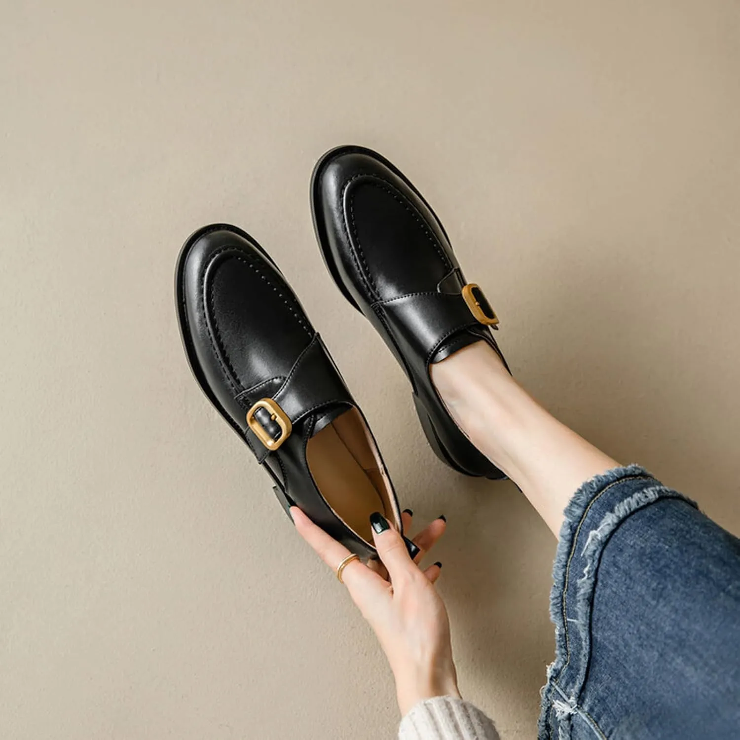 Women's Handmade Leather Slip-On Loafers Fashion Monk Strap British Style Small Leather Shoes Outdoor Casual Lightweight Non-Slip Flats Loafers Shoes