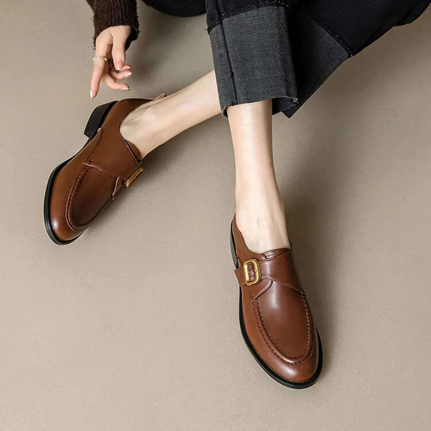 Women's Handmade Leather Slip-On Loafers Fashion Monk Strap British Style Small Leather Shoes Outdoor Casual Lightweight Non-Slip Flats Loafers Shoes
