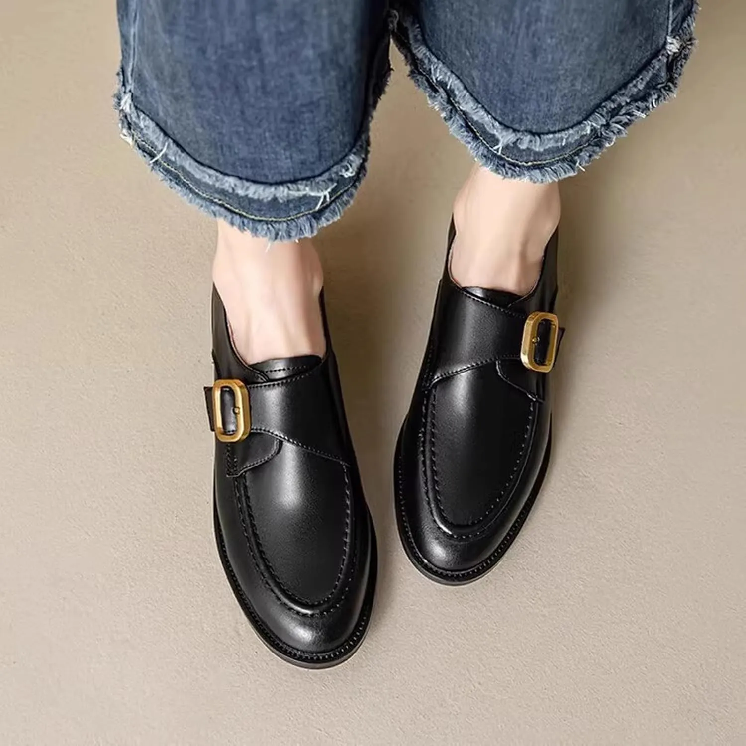 Women's Handmade Leather Slip-On Loafers Fashion Monk Strap British Style Small Leather Shoes Outdoor Casual Lightweight Non-Slip Flats Loafers Shoes