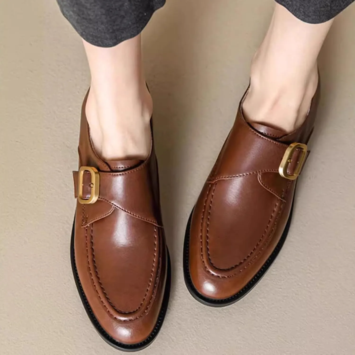 Women's Handmade Leather Slip-On Loafers Fashion Monk Strap British Style Small Leather Shoes Outdoor Casual Lightweight Non-Slip Flats Loafers Shoes