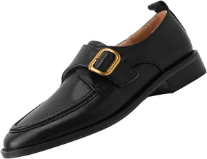 Women's Handmade Leather Slip-On Loafers Fashion Monk Strap British Style Small Leather Shoes Outdoor Casual Lightweight Non-Slip Flats Loafers Shoes