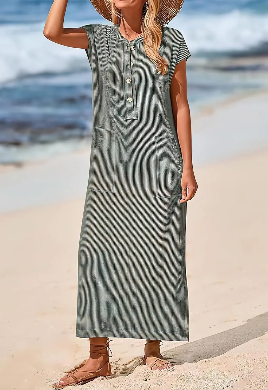 Women's Henry Shirt Dress Button Up Cap Sleeve Baggy Loose Side Slit Ribbed Knit Maxi Long Dress