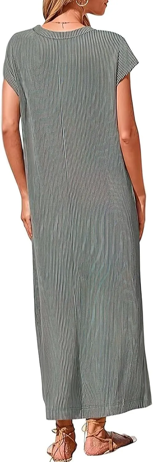 Women's Henry Shirt Dress Button Up Cap Sleeve Baggy Loose Side Slit Ribbed Knit Maxi Long Dress