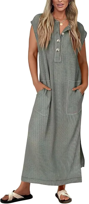 Women's Henry Shirt Dress Button Up Cap Sleeve Baggy Loose Side Slit Ribbed Knit Maxi Long Dress