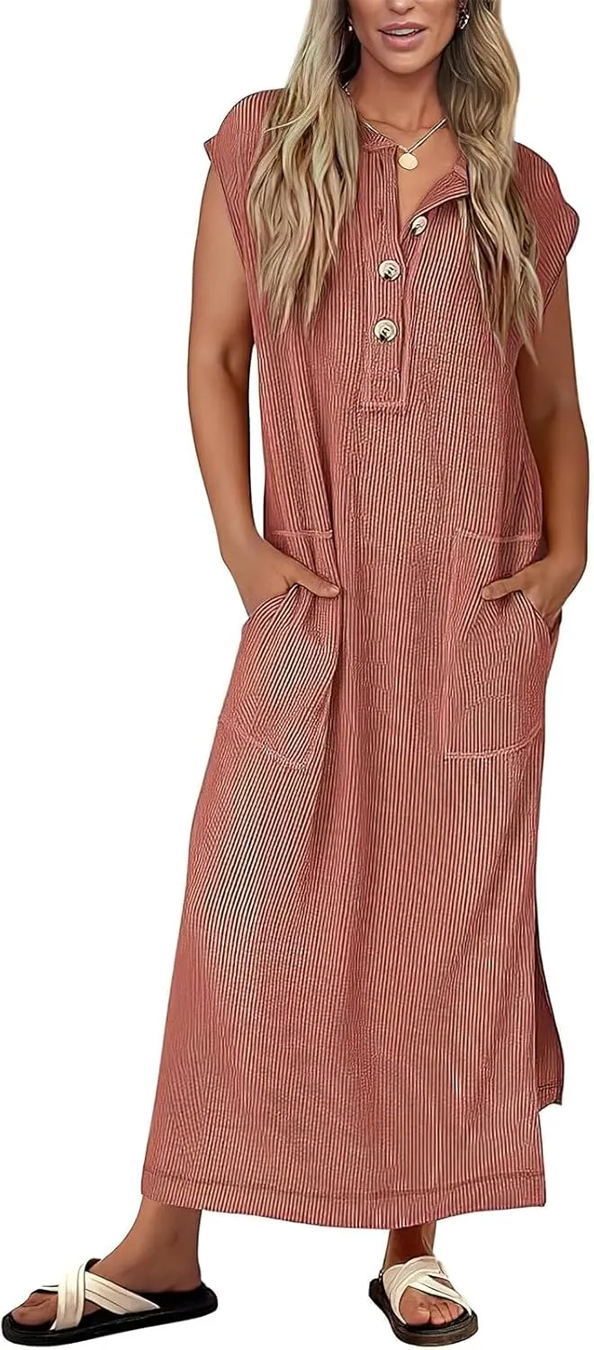 Women's Henry Shirt Dress Button Up Cap Sleeve Baggy Loose Side Slit Ribbed Knit Maxi Long Dress