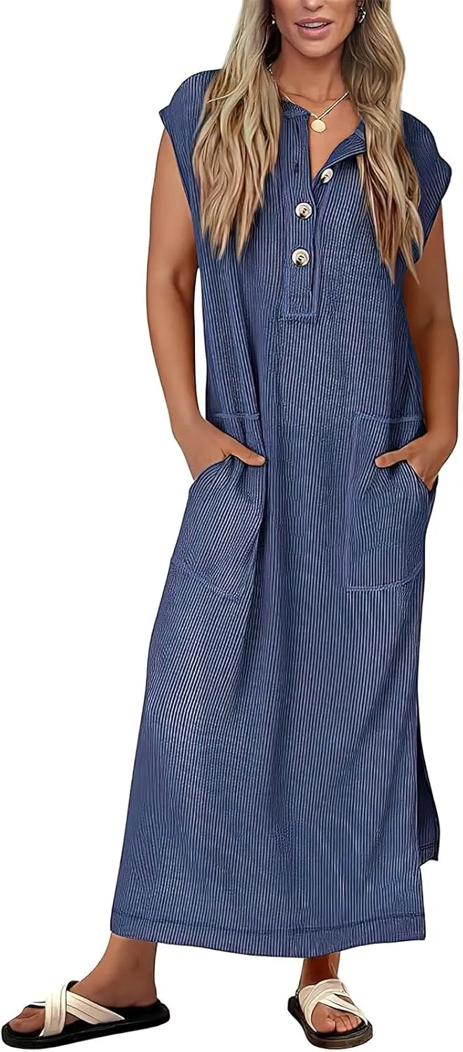 Women's Henry Shirt Dress Button Up Cap Sleeve Baggy Loose Side Slit Ribbed Knit Maxi Long Dress