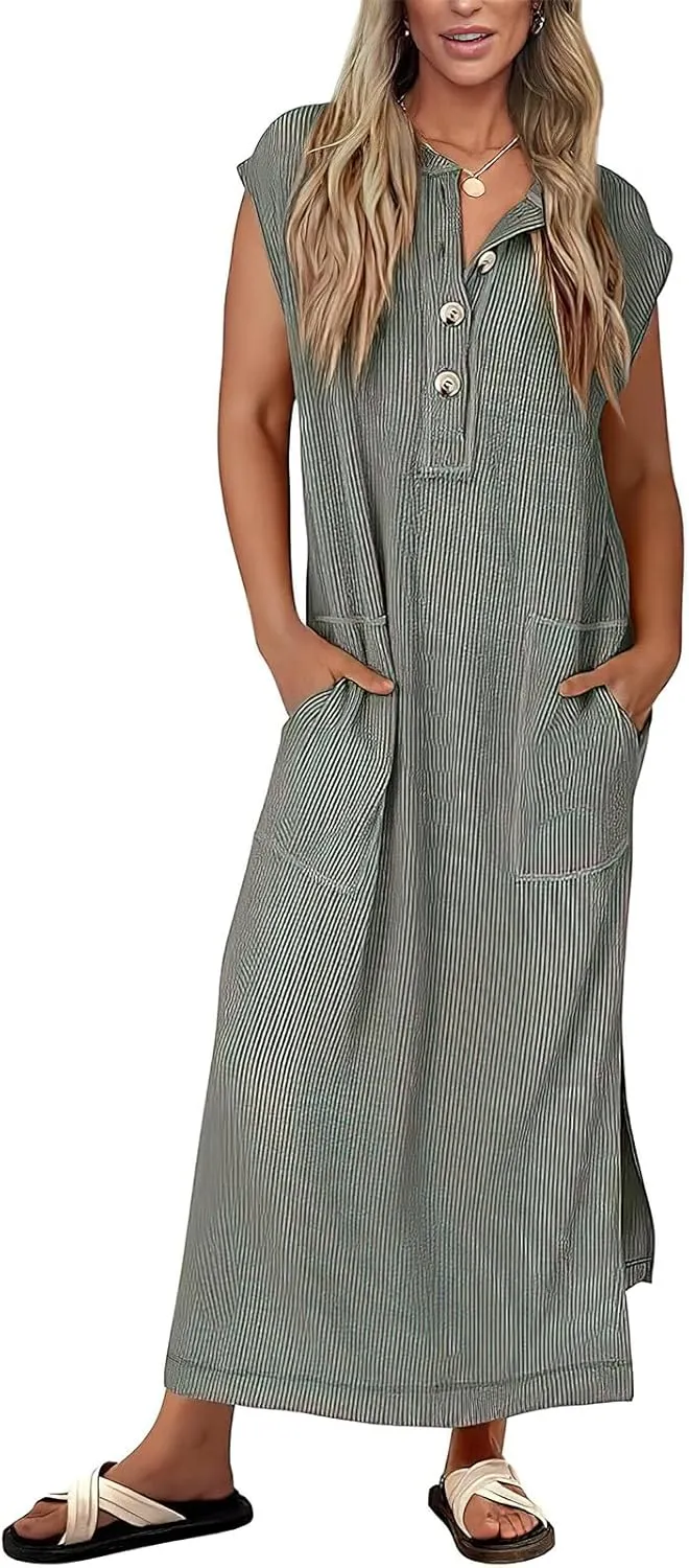 Women's Henry Shirt Dress Button Up Cap Sleeve Baggy Loose Side Slit Ribbed Knit Maxi Long Dress