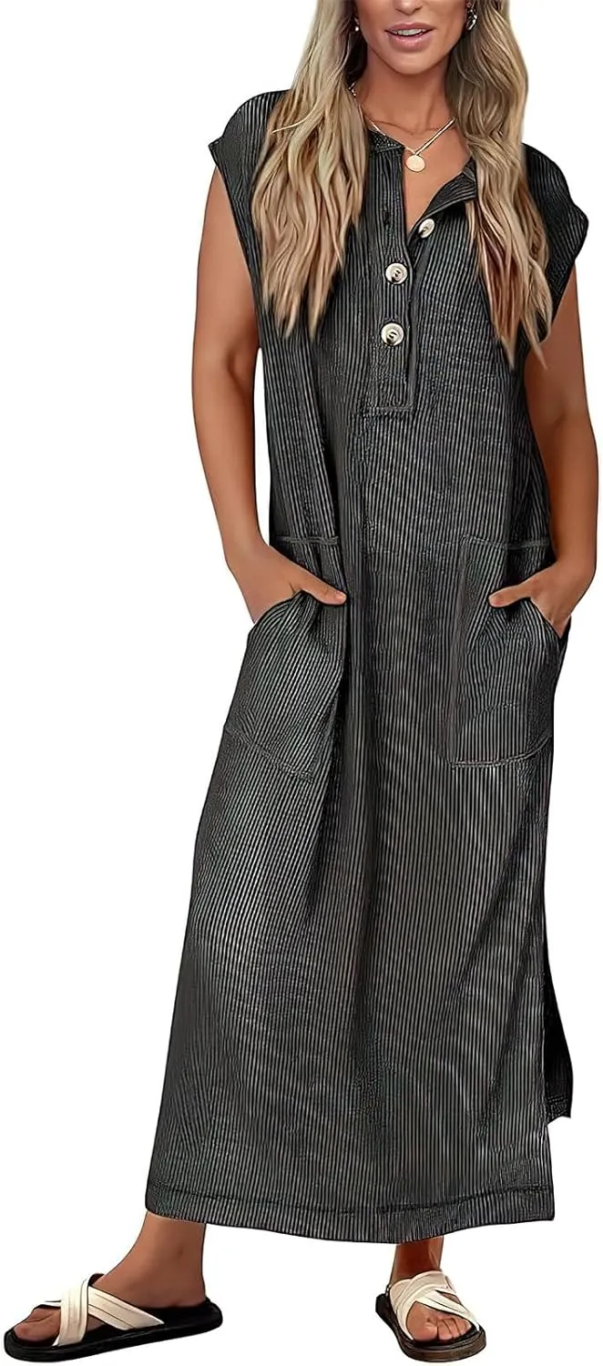 Women's Henry Shirt Dress Button Up Cap Sleeve Baggy Loose Side Slit Ribbed Knit Maxi Long Dress