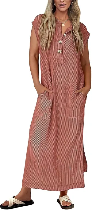 Women's Henry Shirt Dress Button Up Cap Sleeve Baggy Loose Side Slit Ribbed Knit Maxi Long Dress