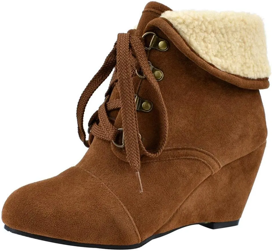 Womens High Heel Wedge Ankle Boots Lace Up Booties Autumn Winter Shoes