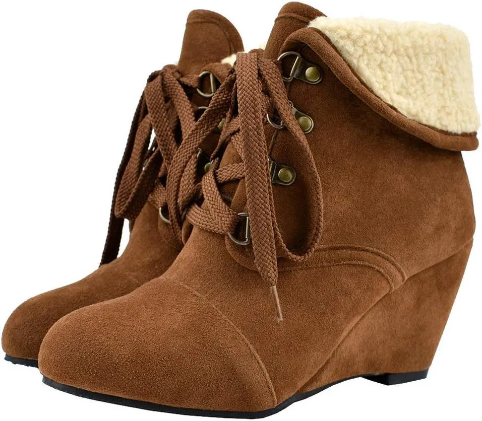 Womens High Heel Wedge Ankle Boots Lace Up Booties Autumn Winter Shoes