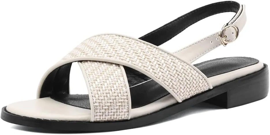 Women's Hollow Woven Fisherman Sandals Pull-On Summer Fashion Adjustable Buckle Slingback Cross Strap Rome Flats Comfortable Low Chunky Heel Casual Dress Shopping Daily Wear Shoes