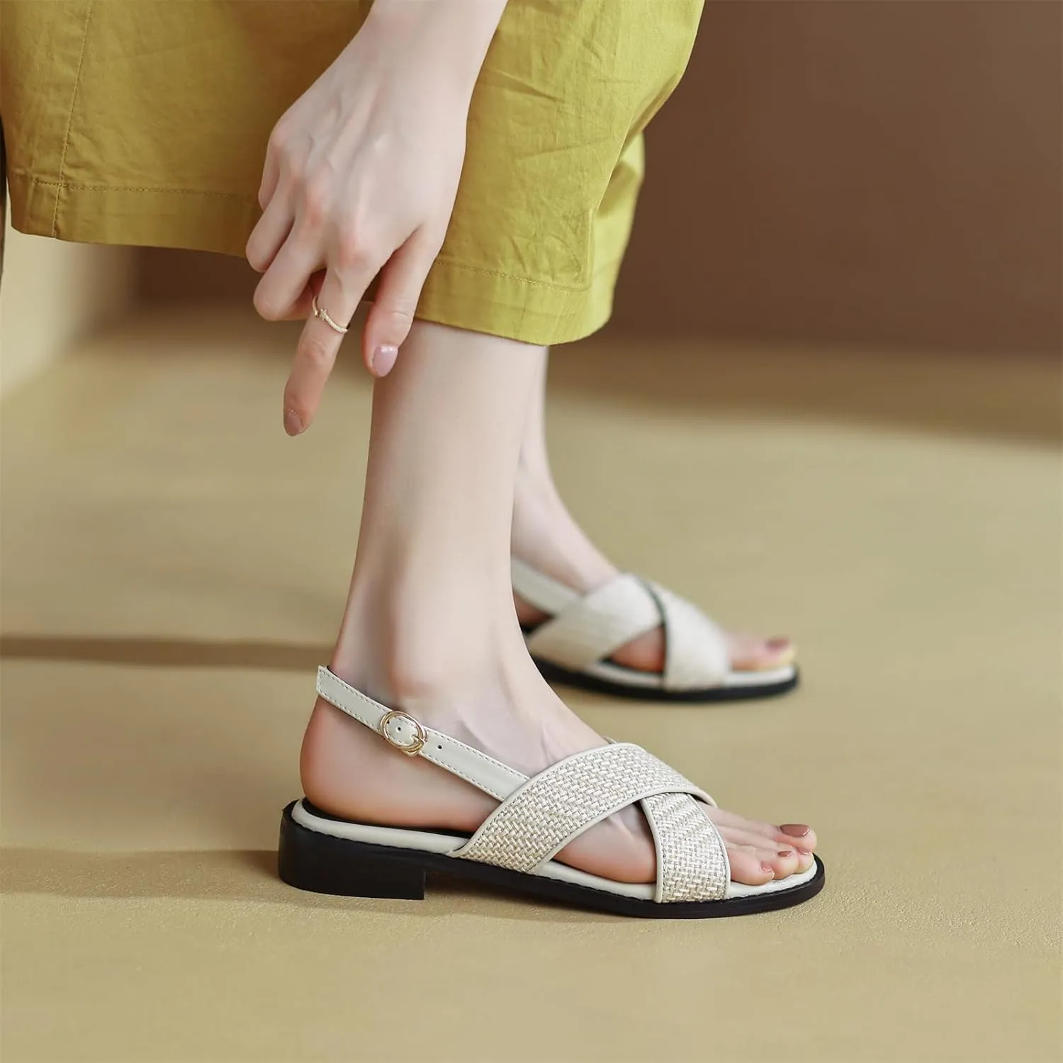 Women's Hollow Woven Fisherman Sandals Pull-On Summer Fashion Adjustable Buckle Slingback Cross Strap Rome Flats Comfortable Low Chunky Heel Casual Dress Shopping Daily Wear Shoes