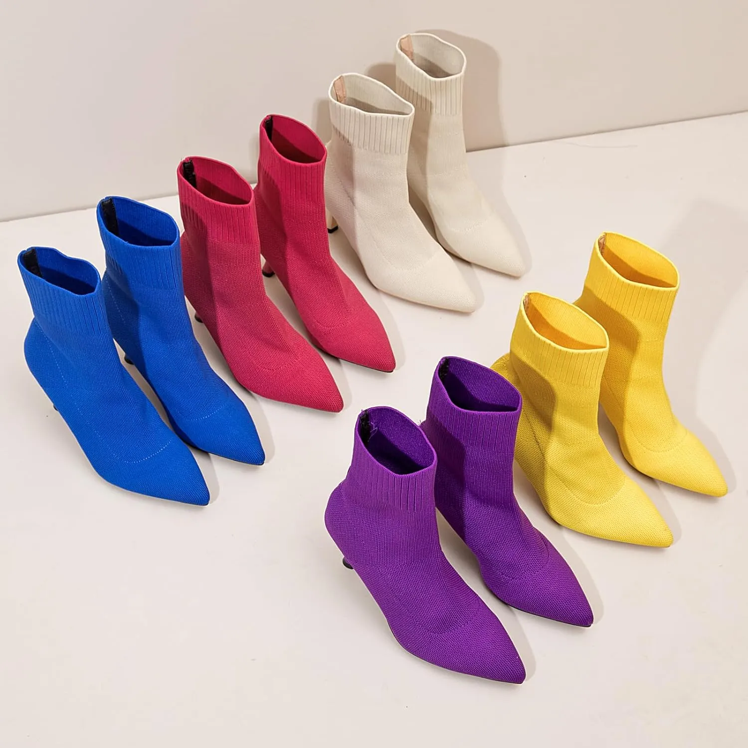 Womens Knit Ankle Boots Pointed Toe Kitten Heels Booties Winter Stiletto Mid Heel Sock Boots Shoes
