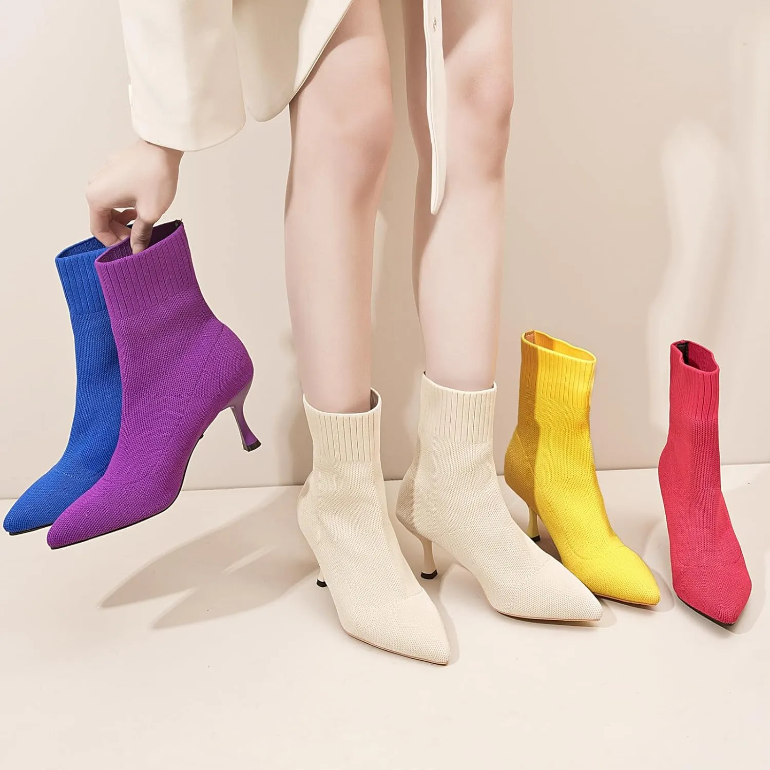 Womens Knit Ankle Boots Pointed Toe Kitten Heels Booties Winter Stiletto Mid Heel Sock Boots Shoes
