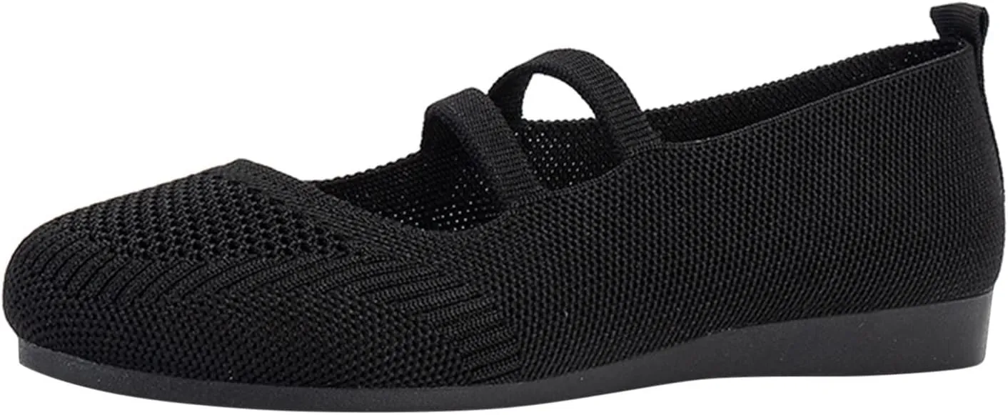 Womens Knit Ballet Flats Shoes Breathable Crochet Knit Mesh Round Toe Shoes Double Strap Shoe Walking Shoe Wear Jeans