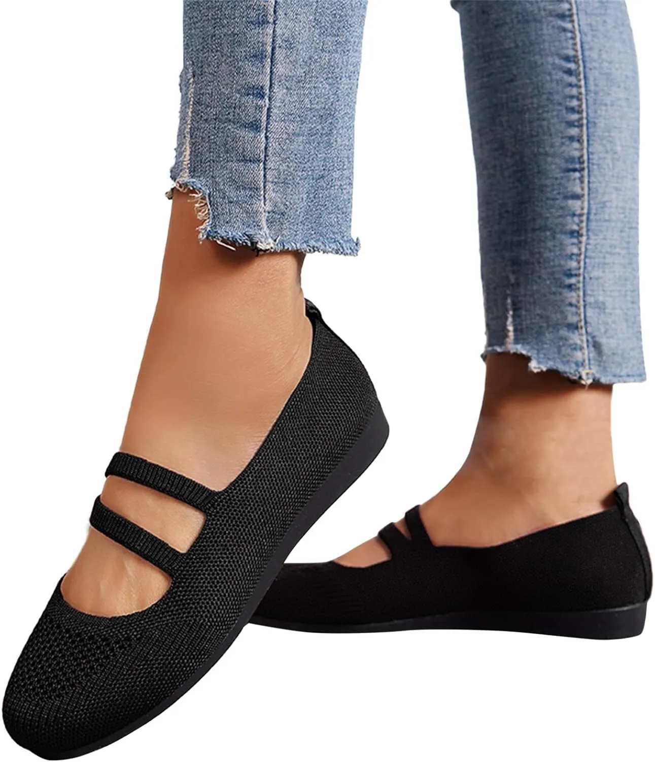 Womens Knit Ballet Flats Shoes Breathable Crochet Knit Mesh Round Toe Shoes Double Strap Shoe Walking Shoe Wear Jeans