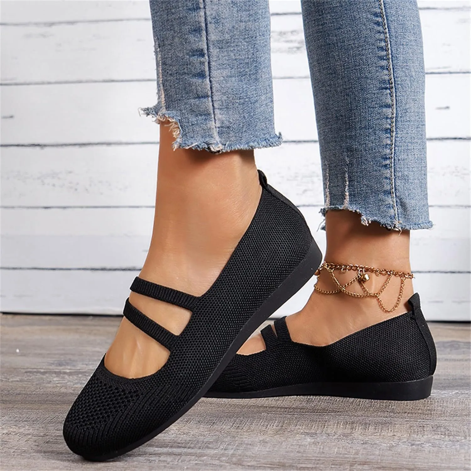 Womens Knit Ballet Flats Shoes Breathable Crochet Knit Mesh Round Toe Shoes Double Strap Shoe Walking Shoe Wear Jeans