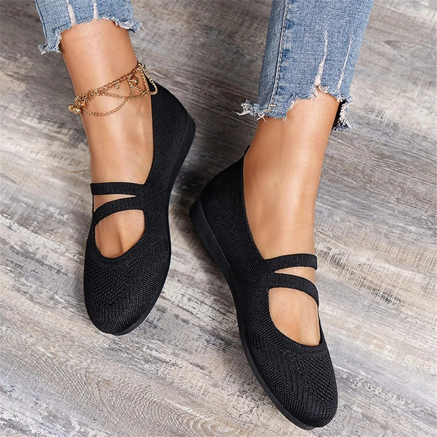Womens Knit Ballet Flats Shoes Breathable Crochet Knit Mesh Round Toe Shoes Double Strap Shoe Walking Shoe Wear Jeans