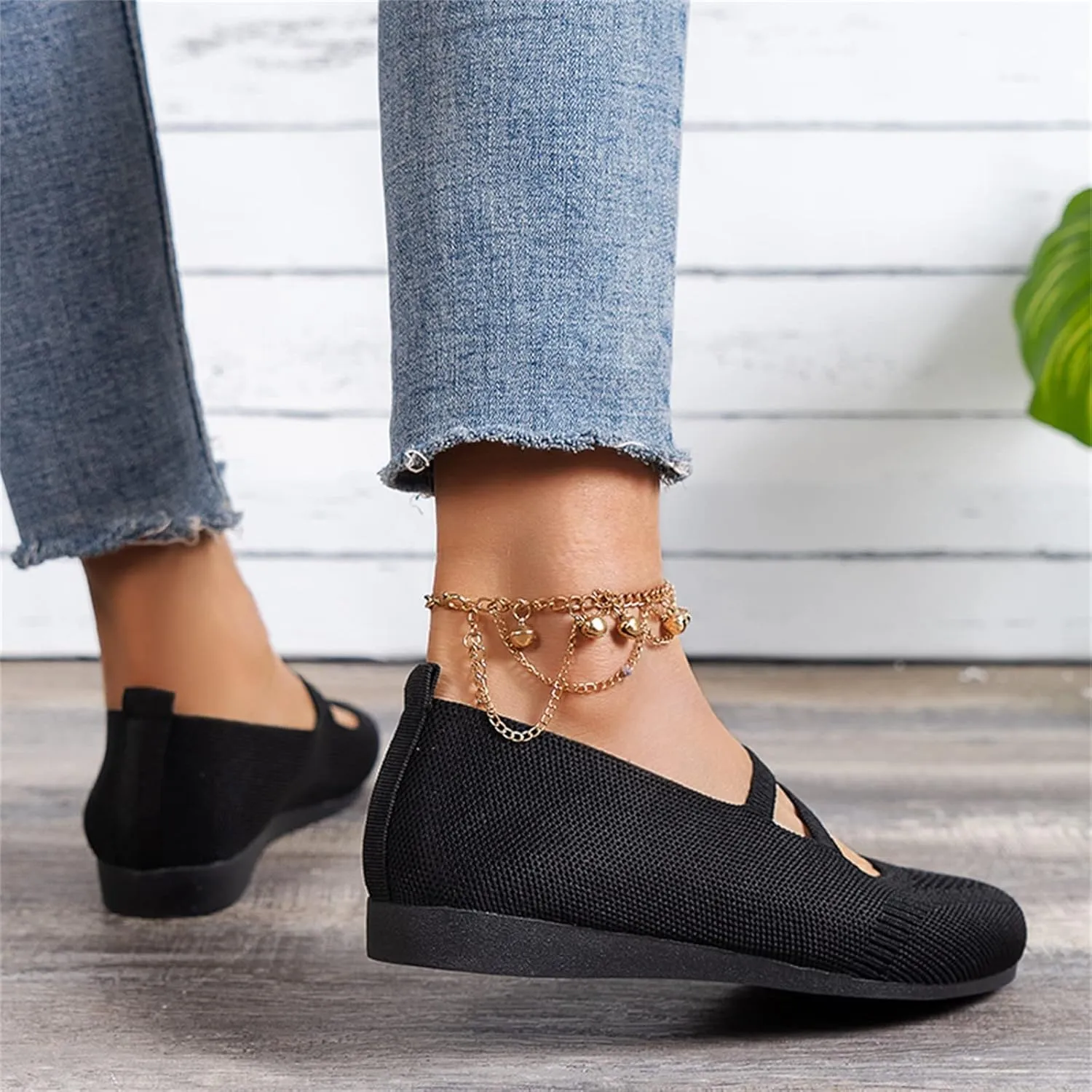 Womens Knit Ballet Flats Shoes Breathable Crochet Knit Mesh Round Toe Shoes Double Strap Shoe Walking Shoe Wear Jeans