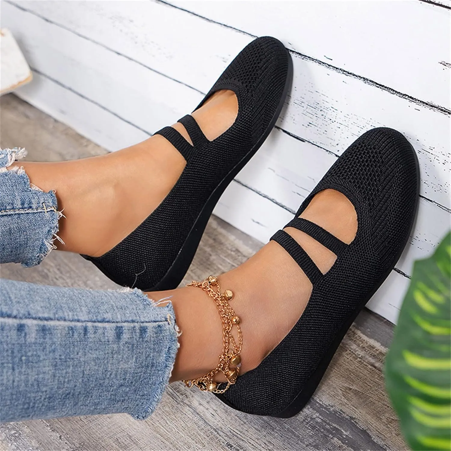 Womens Knit Ballet Flats Shoes Breathable Crochet Knit Mesh Round Toe Shoes Double Strap Shoe Walking Shoe Wear Jeans