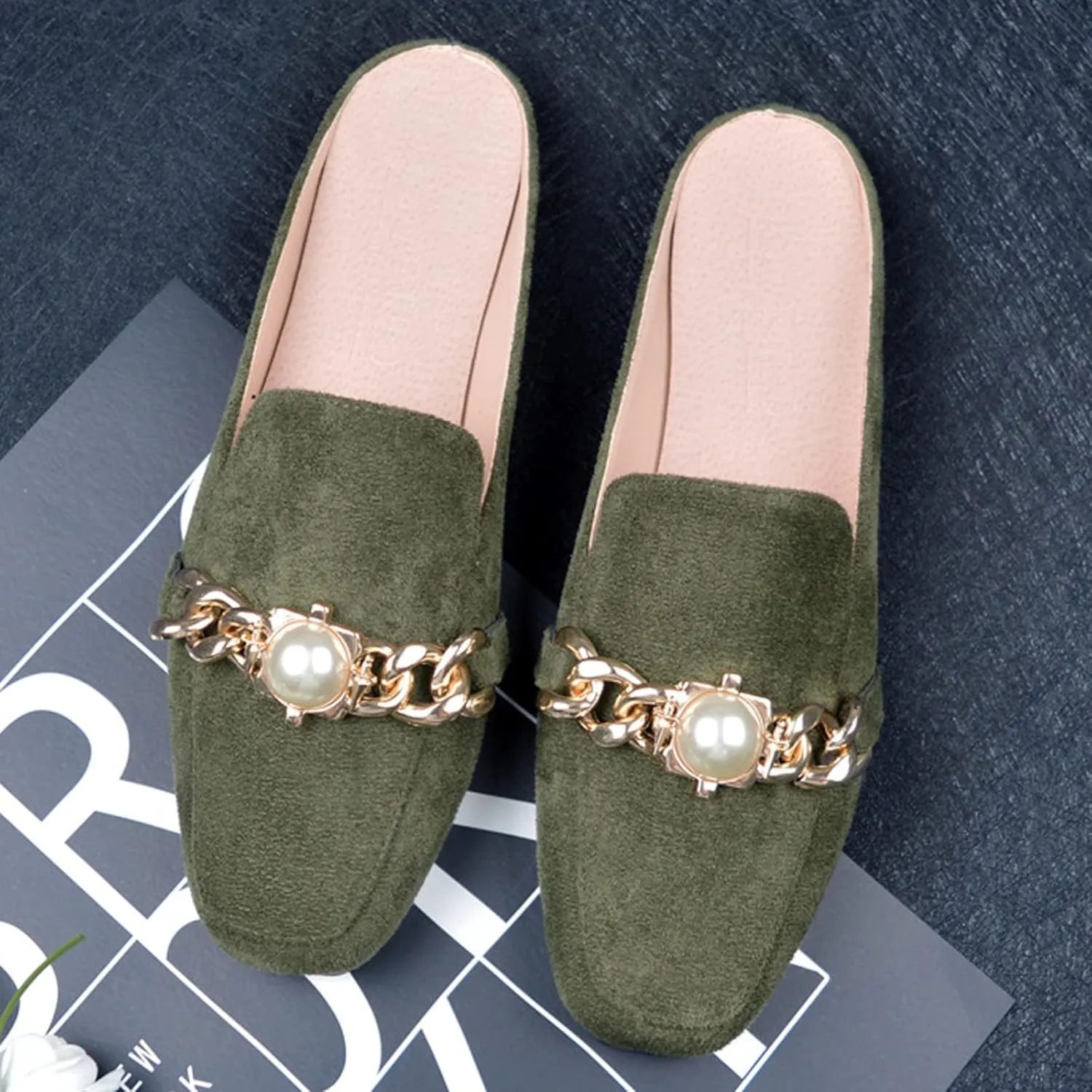 Women's Lazy Square Head Heel Less Cover Toe Flat Half Slippers High Top Casual Shoes for Women