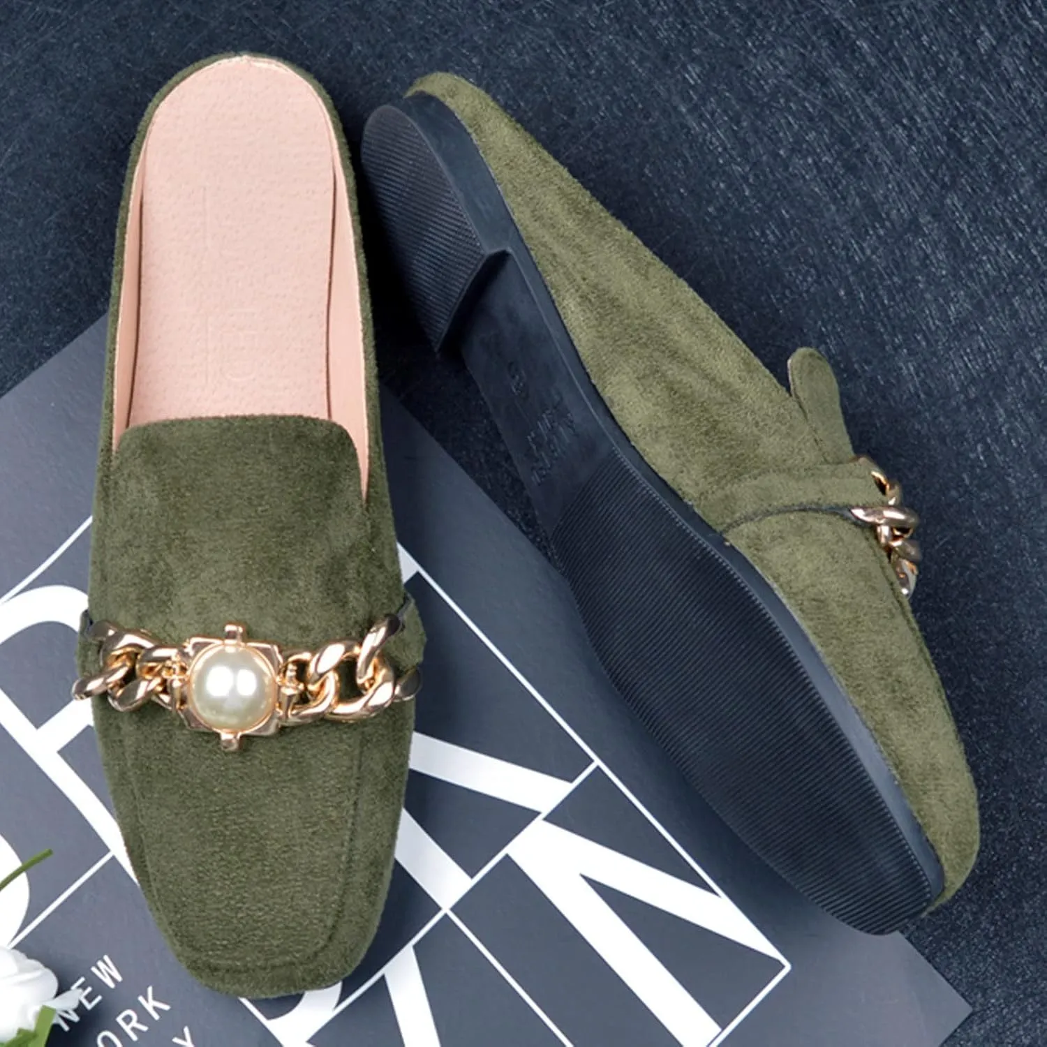 Women's Lazy Square Head Heel Less Cover Toe Flat Half Slippers High Top Casual Shoes for Women
