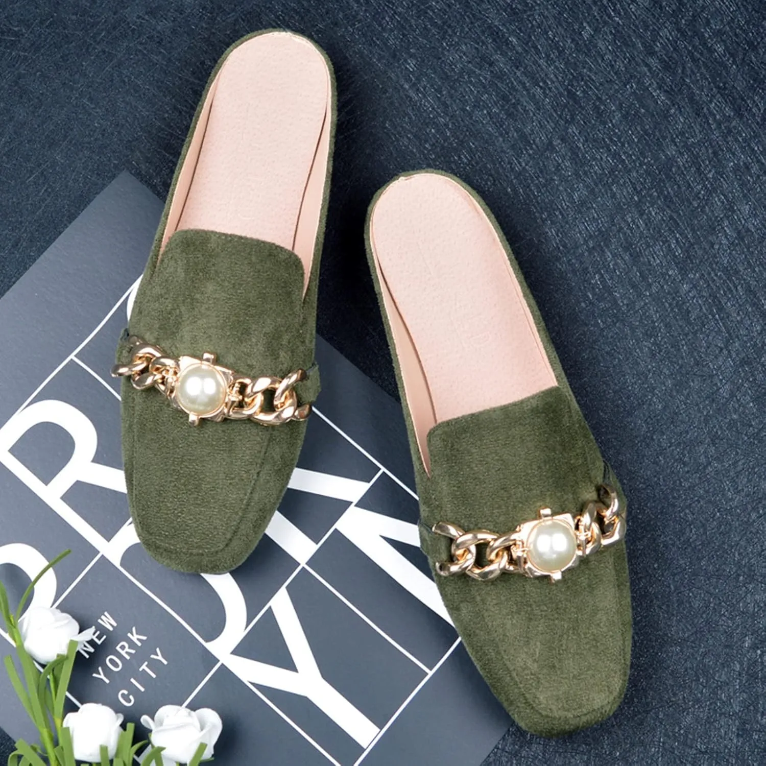 Women's Lazy Square Head Heel Less Cover Toe Flat Half Slippers High Top Casual Shoes for Women