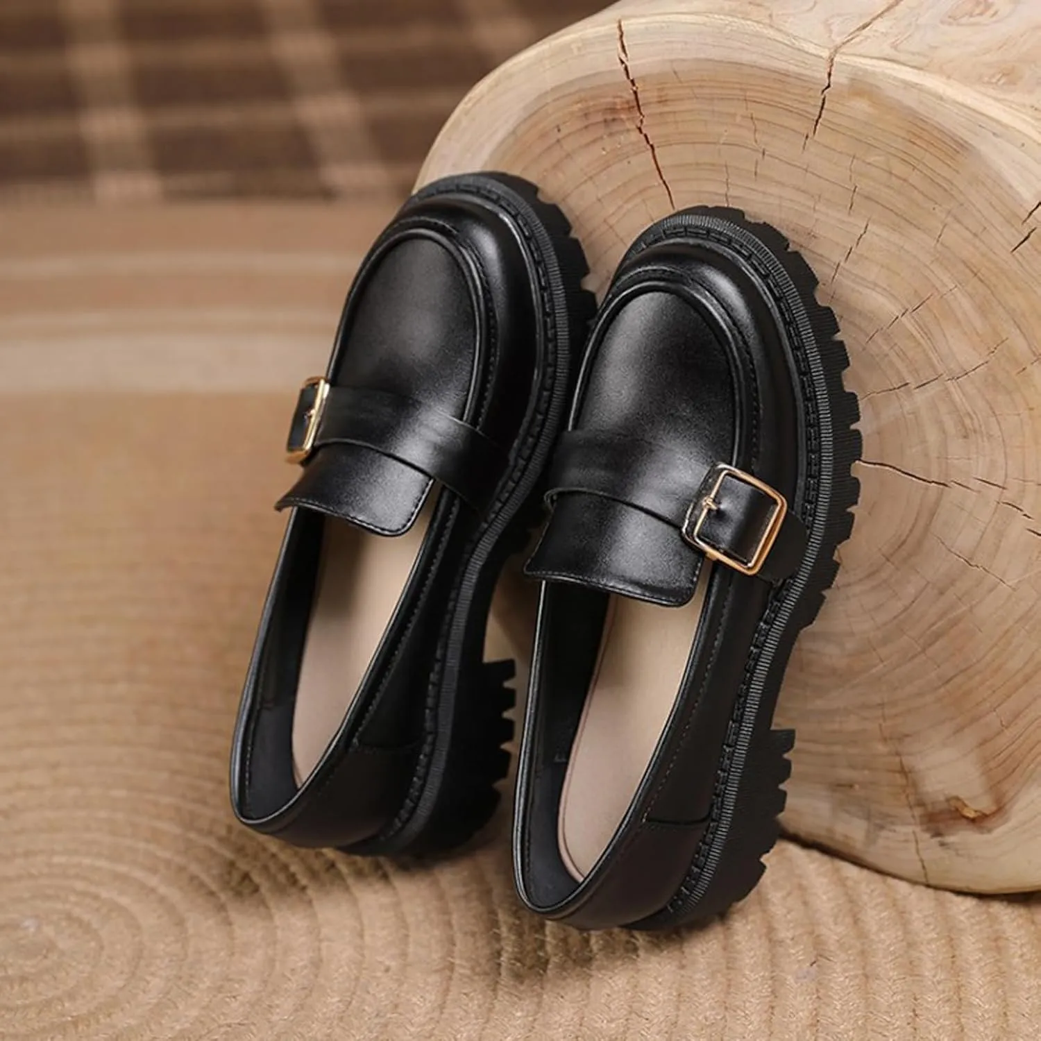Women's Leather Chunky Heel Loafers Fashion Monk Strap Buckle Decorate Comfort Slip-On Round Toe Platform Lug Sole Work Business Penny Loafer for Office Uniform