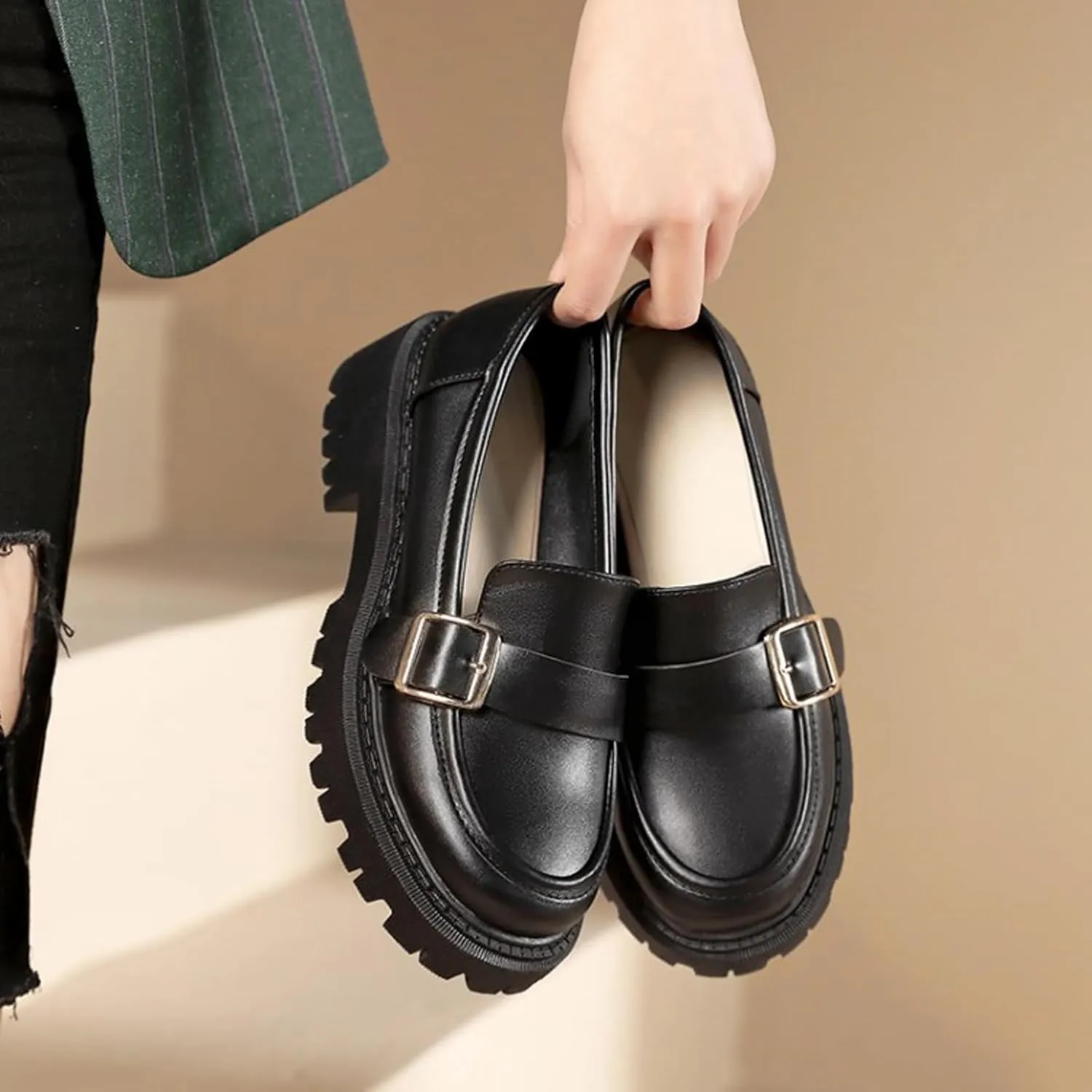 Women's Leather Chunky Heel Loafers Fashion Monk Strap Buckle Decorate Comfort Slip-On Round Toe Platform Lug Sole Work Business Penny Loafer for Office Uniform